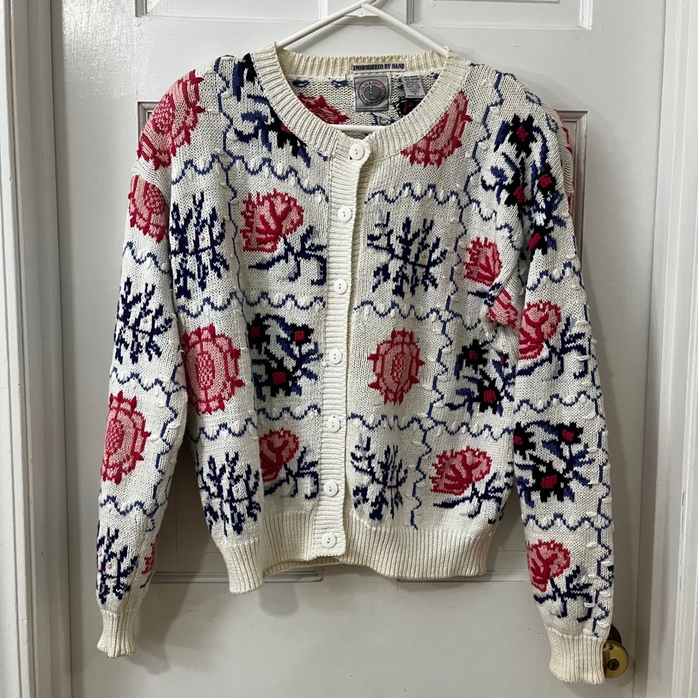VTG Cape Isle Knitters‎ Boho 80's Cottagecore Cardigan Sweater S Floral